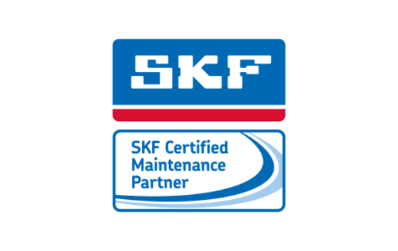 Das Bild zeigt das Logo von SKF mit dem Text "SKF Certified Maintenance Partner" auf einem blau-weißen Hintergrund.