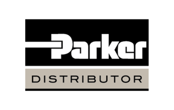 Ein Logo mit dem Schriftzug "Parker Distributor" in Schwarz und Grau.
