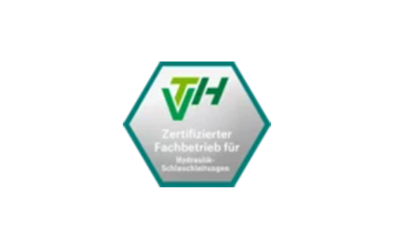 Ein sechseckiges Logo mit der Aufschrift "Zertifizierter Fachbetrieb für Hydraulik-Schlauchleitungen".