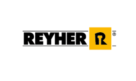 Das Bild zeigt das Logo von Reyher mit einem stilisierten "R" auf gelbem Hintergrund.
