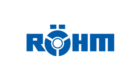 Blaues Röhm Logo mit stilisiertem Design.