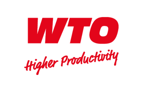 Das Bild zeigt das WTO-Logo mit dem Slogan "Higher Productivity" in roten Buchstaben.