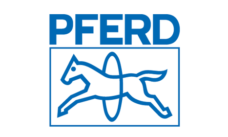Ein blaues Logo mit dem Schriftzug "PFERD" und einer stilisierten Zeichnung eines springenden Pferdes.