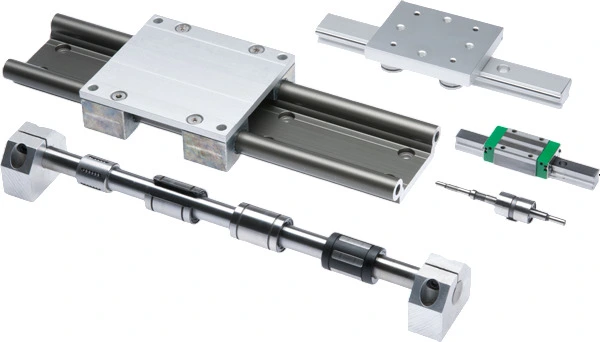 Abbildung einer Schiene und verschiedener Komponenten der Lineartechnik