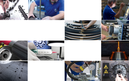 Eine Collage von Prozessen in der industriellen Montage, darunter Werkzeugverwendung, Schlauchverarbeitung und Qualitätsprüfung.