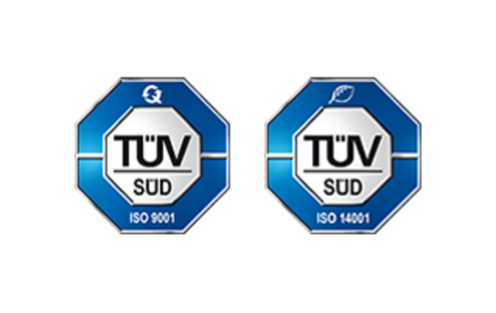Zwei TÜV Süd-Logos zeigen die ISO 9001 und ISO 14001 Zertifizierungen.
