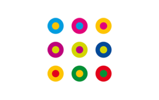 Neun bunte Kreise in einem 3x3-Muster mit unterschiedlichen Farbmustern.
