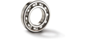 Ein einzelnes Kugellager aus Metall, schräg von der Seite fotografiert.