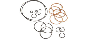 Eine Sammlung unterschiedlich großer O-Ringe in Schwarz und Braun auf weißem Hintergrund.