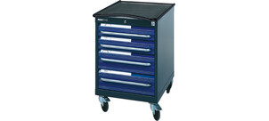 Ein blauer Werkzeugwagen mit fünf Schubladen und Rollen, ideal zur Aufbewahrung von Werkzeugen.