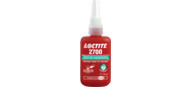 Eine rote Flasche Loctite 2700 Schraubensicherung mit weißem Applikator und Sicherheits- und Qualitäts-Hinweisen auf dem Etikett.