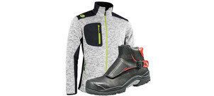 Eine graue Arbeitsjacke mit schwarzem Schulter- und Taschenbereich, kombiniert mit einem stabilen schwarzen Sicherheitsschuh.