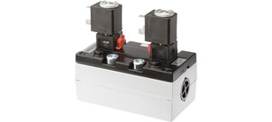 Ein Doppeltakt-Pneumatikventil mit zwei schwarzen Magnetspulen auf einer rechteckigen Basis.